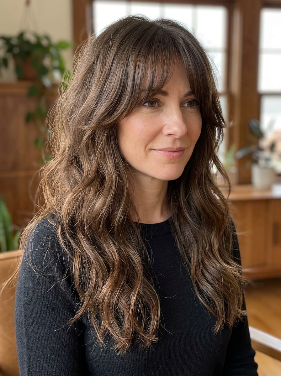 Lange dicke Haare mit Curtain Bangs - Lange Haare mit Pony